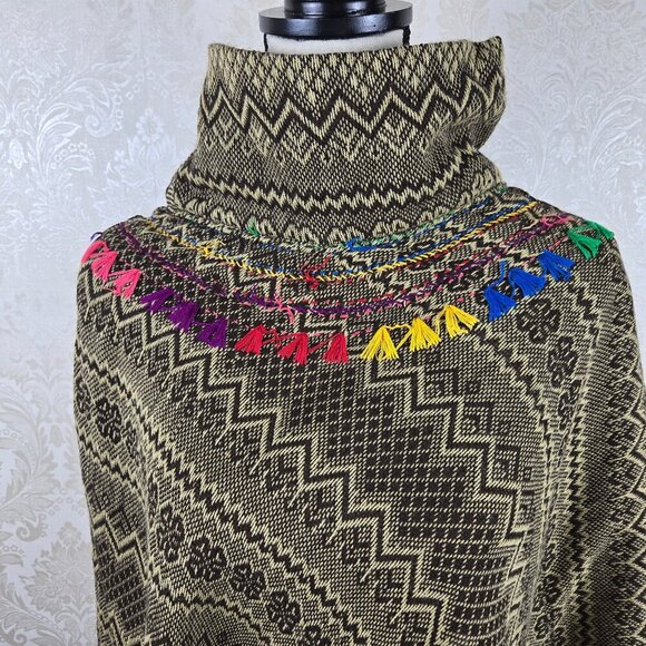 One Size Brown Cream Chevron Striped Poncho Rainbow Embroiderd Tassels Fringe - Picture 2 of 11